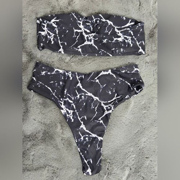 Zaful Marble Print Bikini Set Bandea Top High Waist Cheeky Bottoms Sz M … - Picture 2 of 7